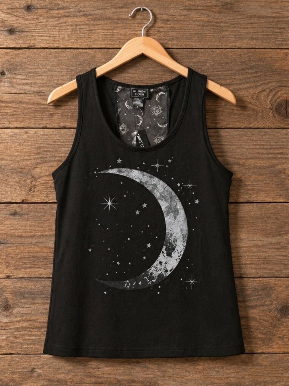Hot Topic Black Tank with Silver Crescent Moon Graphic
